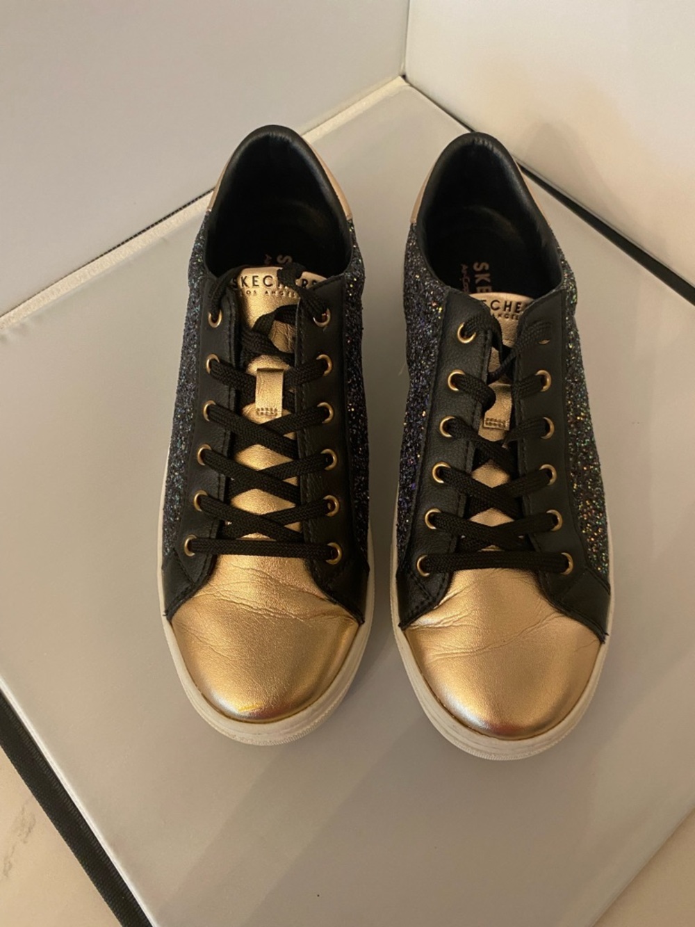Skechers Goldie Light Catchers Black Glitter & Rose Gold Metallic Sneaker